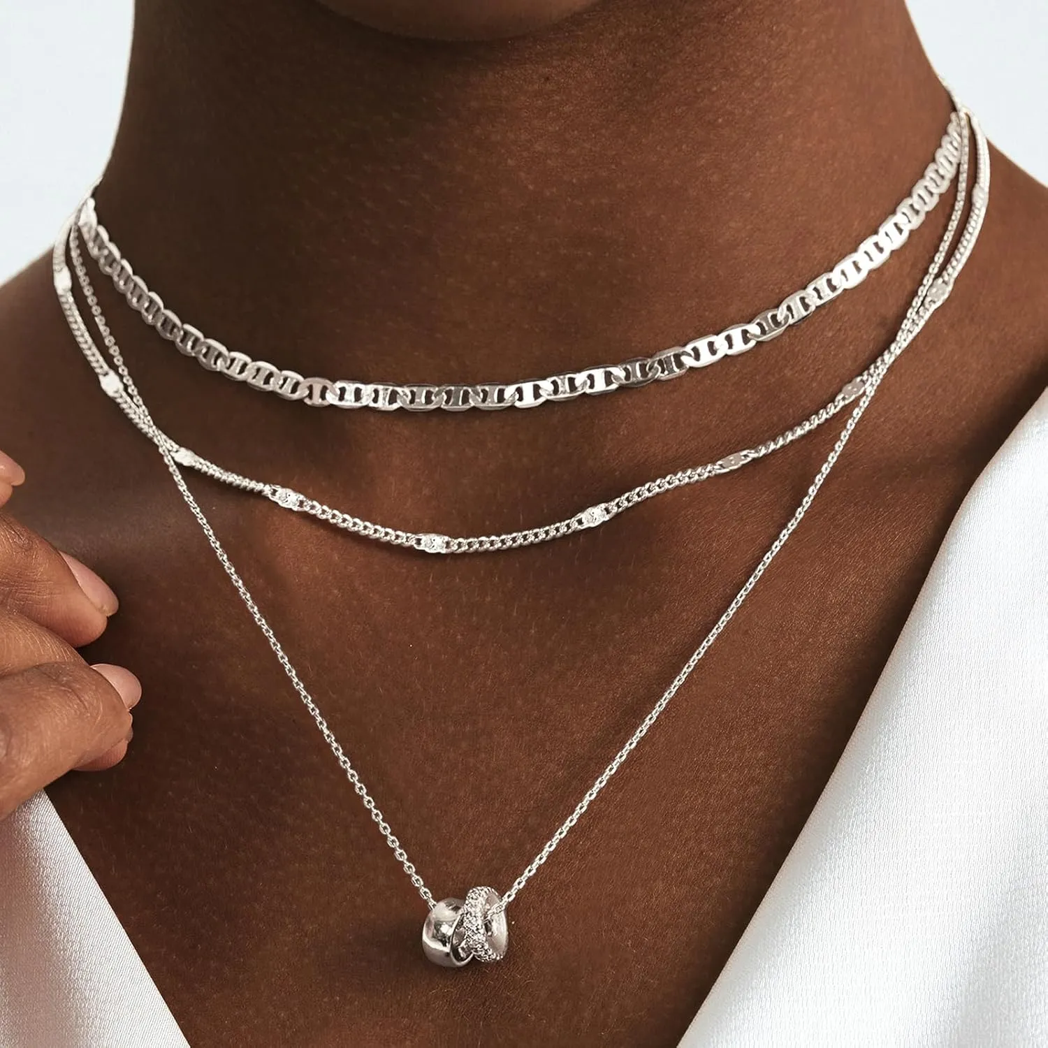 OGD Layered CZ Rondelle Pendant Necklaces for Women, 14K Gold Plated Trendy Mariner Chain Dainty Circle Rondelle Pendant Choker Necklace for Women Two-Toned Cubic Zirconia Gold Necklace