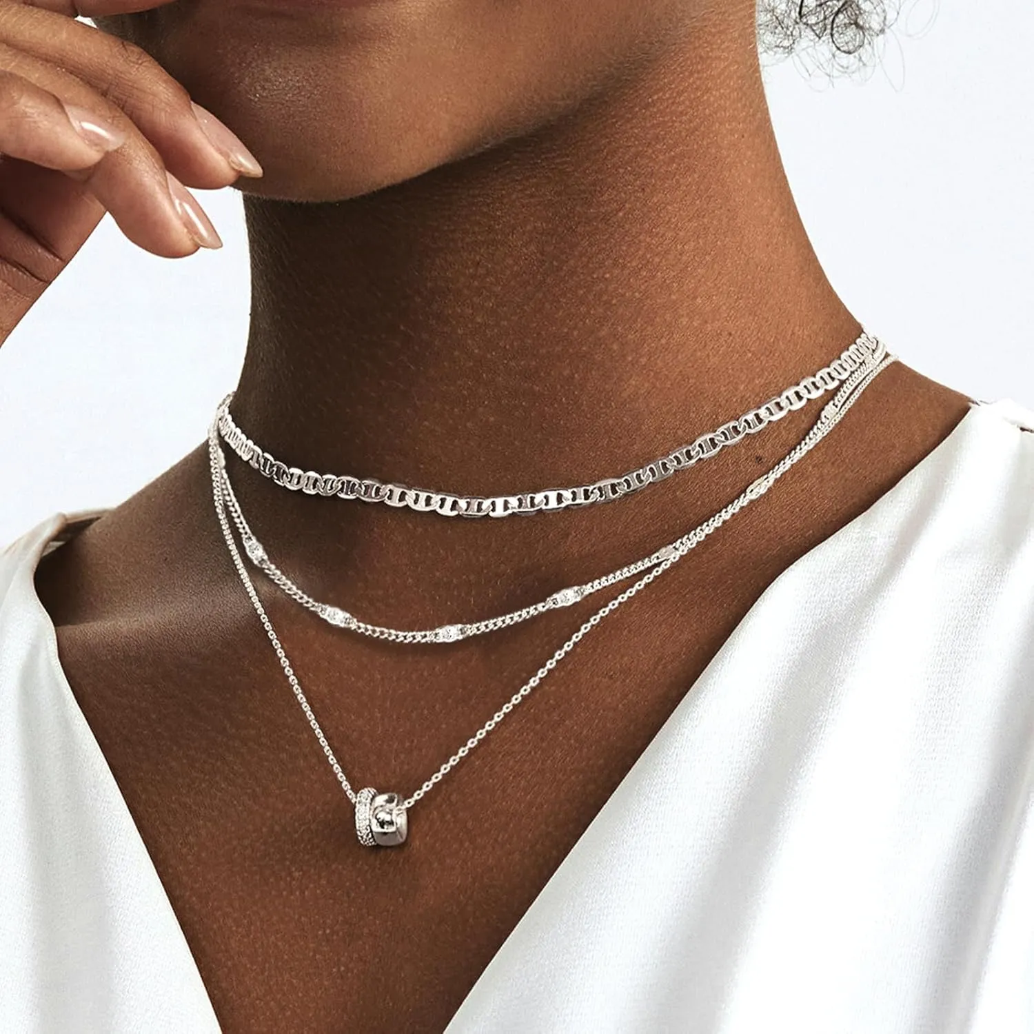 OGD Layered CZ Rondelle Pendant Necklaces for Women, 14K Gold Plated Trendy Mariner Chain Dainty Circle Rondelle Pendant Choker Necklace for Women Two-Toned Cubic Zirconia Gold Necklace