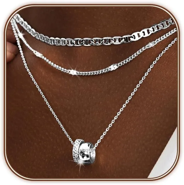 OGD Layered CZ Rondelle Pendant Necklaces for Women, 14K Gold Plated Trendy Mariner Chain Dainty Circle Rondelle Pendant Choker Necklace for Women Two-Toned Cubic Zirconia Gold Necklace
