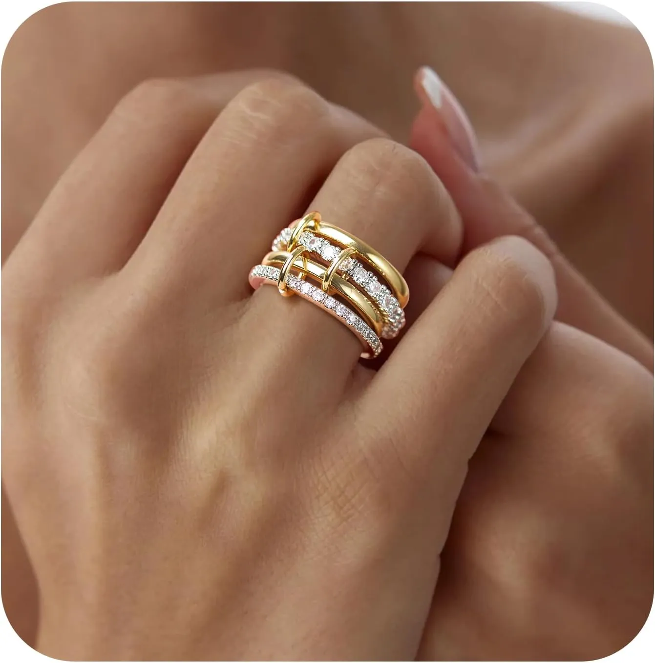 OOOPEL Gold Interlocking Stackable Rings for Women Non Tarnish Dainty Gold Silver Mixed Metals Stackable Interlocked Ring Set Minimalist Statement Rings for Women Hypoallergenic Jewelry Gifts
