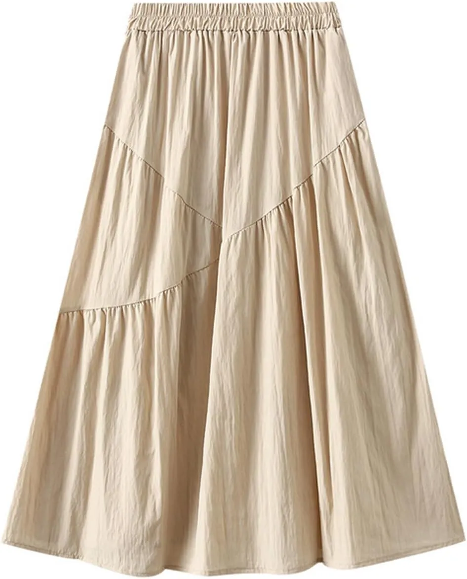 Oplxuo Women's Elastic High Waist Midi Skirts Plain Tiered A Line Swing Flared Pleated Skirt