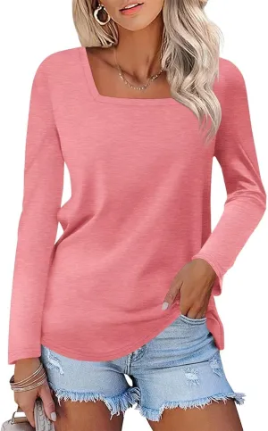 ORANDESIGNE Women's Long Sleeve Square Neck Tops Casual Fall Tunics Ladies Shirts Tees