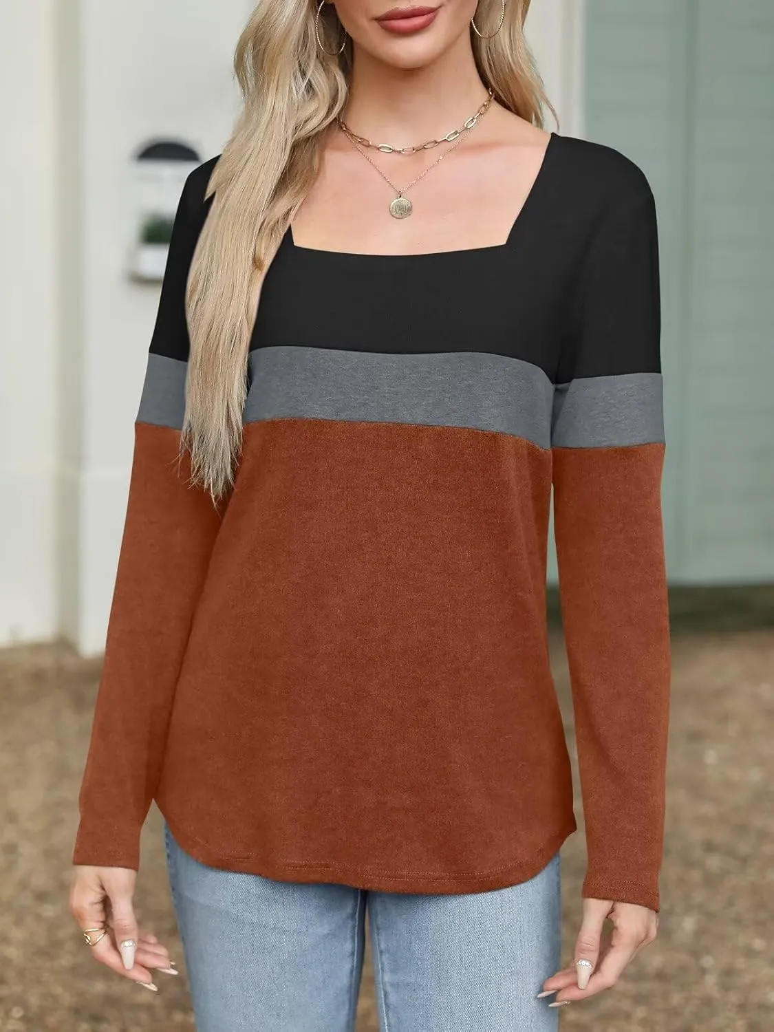 ORANDESIGNE Women's Long Sleeve Square Neck Tops Casual Fall Tunics Ladies Shirts Tees