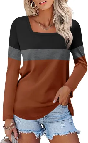 ORANDESIGNE Women's Long Sleeve Square Neck Tops Casual Fall Tunics Ladies Shirts Tees