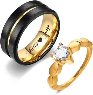 Ouryet Personalized Couple Matching Rings Set Stainless Steel Engraved Names Promise Rings for him and her black Matching Wedding Bands for Couples His and Her Engagement Rings,Size 5-13
