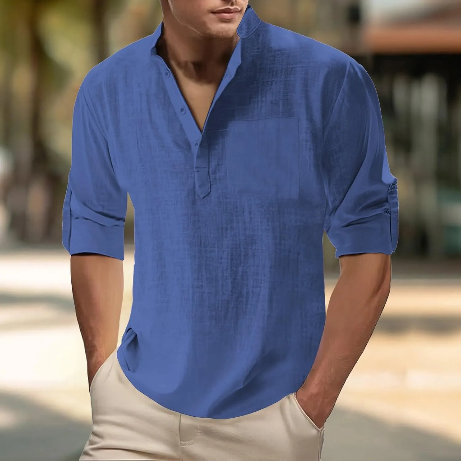 Oversized Tshirts Men Roll Up Long Sleeve Shirt Button Up Henley Shirt Summer Casual Beach Vacation Top with Pocket