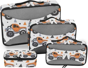 Packing Cubes for Travel 4 Set Cute Monster Truck Childish Luggage Set Suitcase Organizer Bags Mesh Accessories Storage Pouch Toiletry Packing Cubes