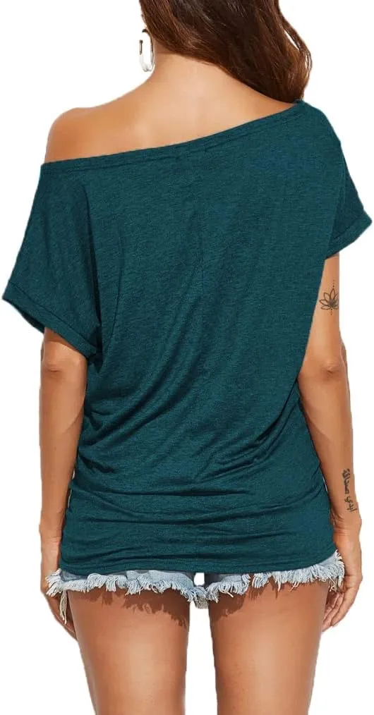 Poetsky Women's Summer Off Shoulder Shirts Casual Loose Short Sleeve Tunics Tops