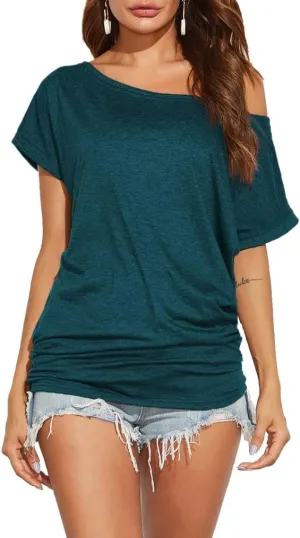 Poetsky Women's Summer Off Shoulder Shirts Casual Loose Short Sleeve Tunics Tops