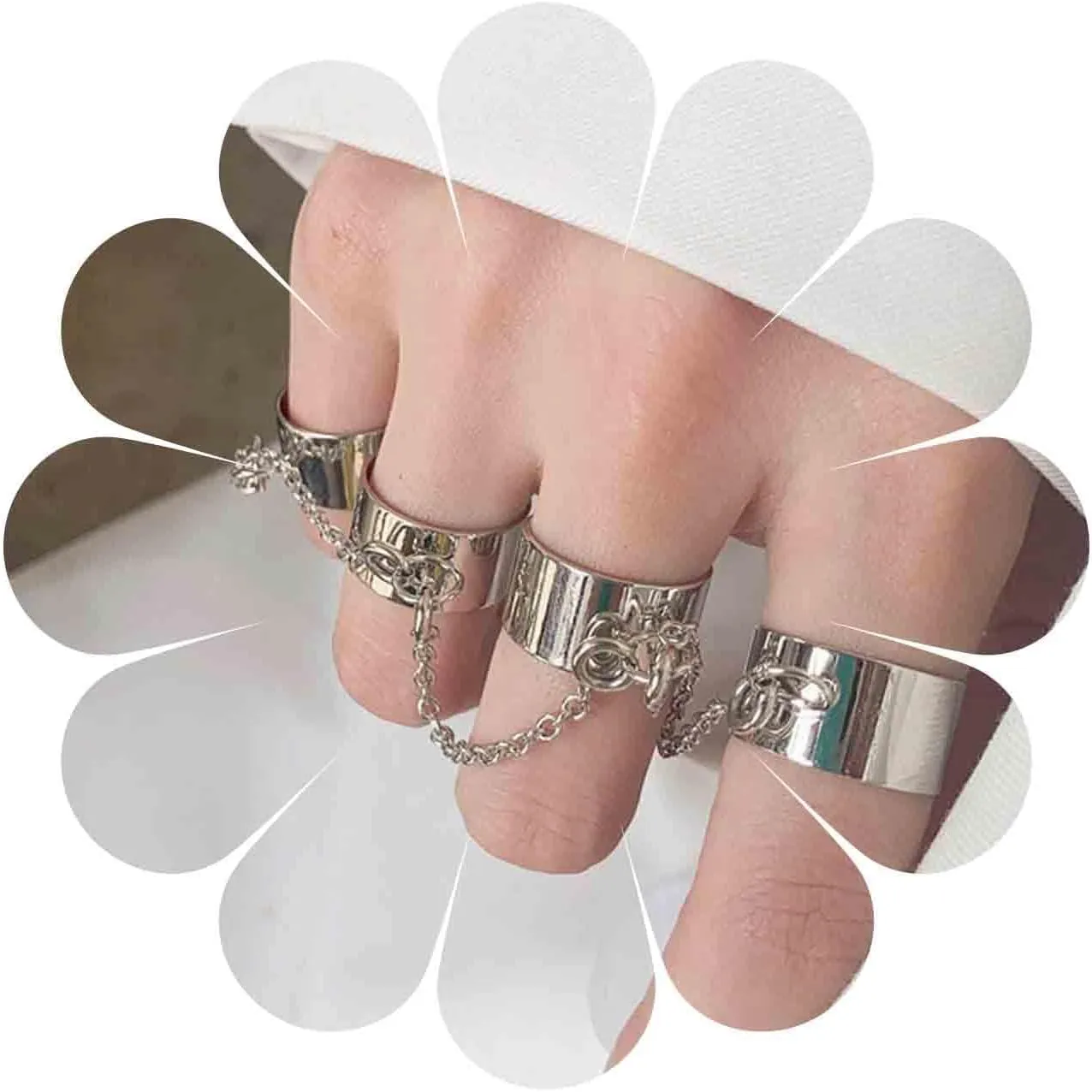 Punk Chain Finger Rings Silver Open Cuff Rings Adjustable Knuckle Joint Rings Set Stackable Statement Rings Gothic Rings for Women