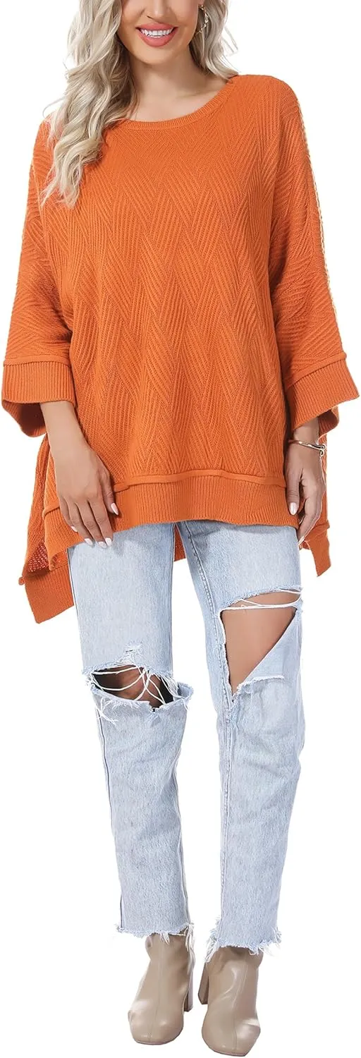 Quenteen Women Slouchy Batwing Sleeve Sweater Casual Crewneck Spilt Asymmetric Hem Knit Tunic Pullover Sweater Tops