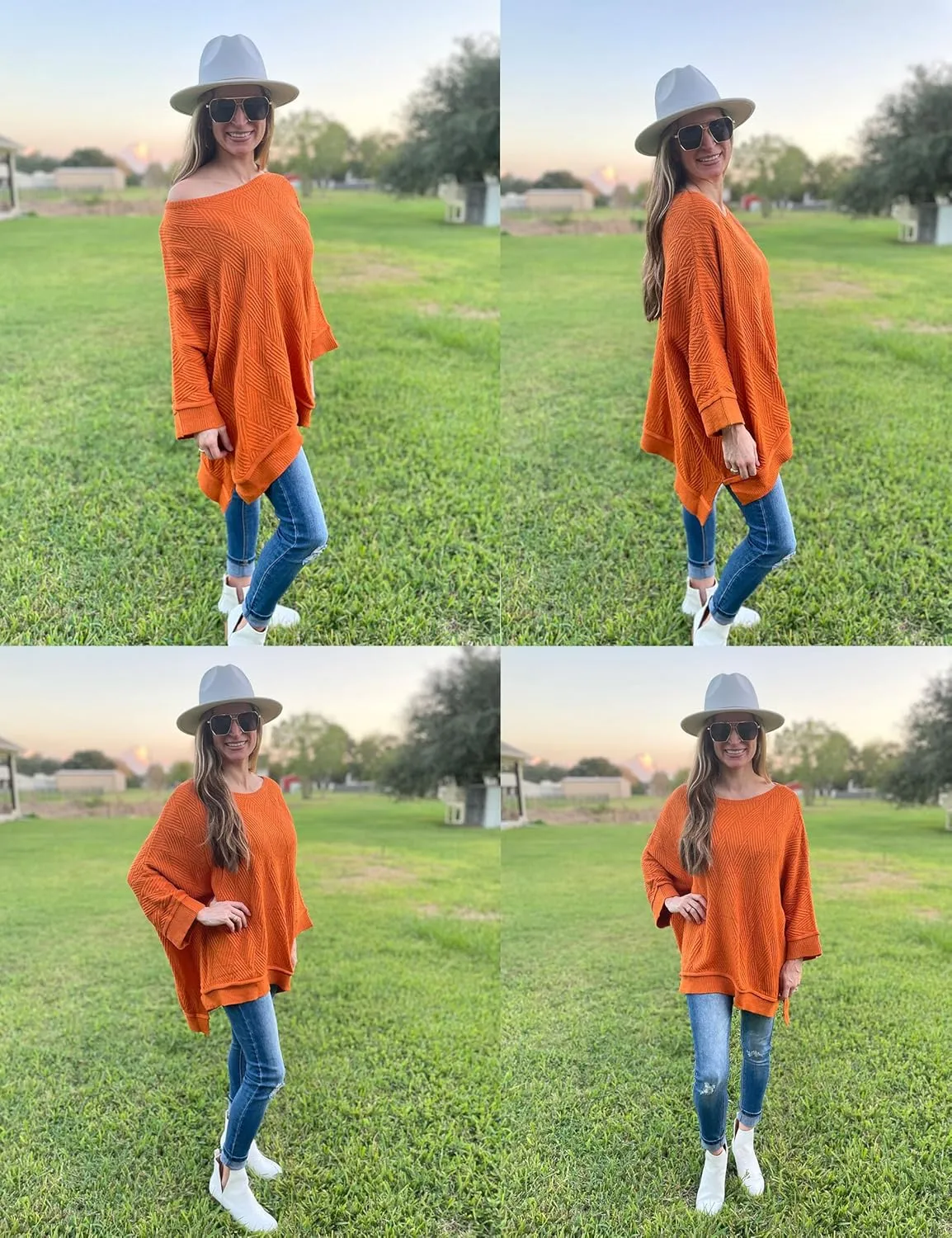 Quenteen Women Slouchy Batwing Sleeve Sweater Casual Crewneck Spilt Asymmetric Hem Knit Tunic Pullover Sweater Tops