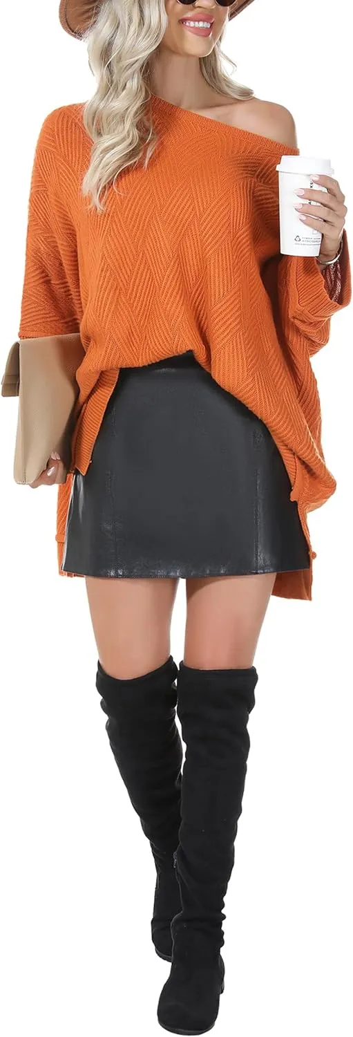 Quenteen Women Slouchy Batwing Sleeve Sweater Casual Crewneck Spilt Asymmetric Hem Knit Tunic Pullover Sweater Tops