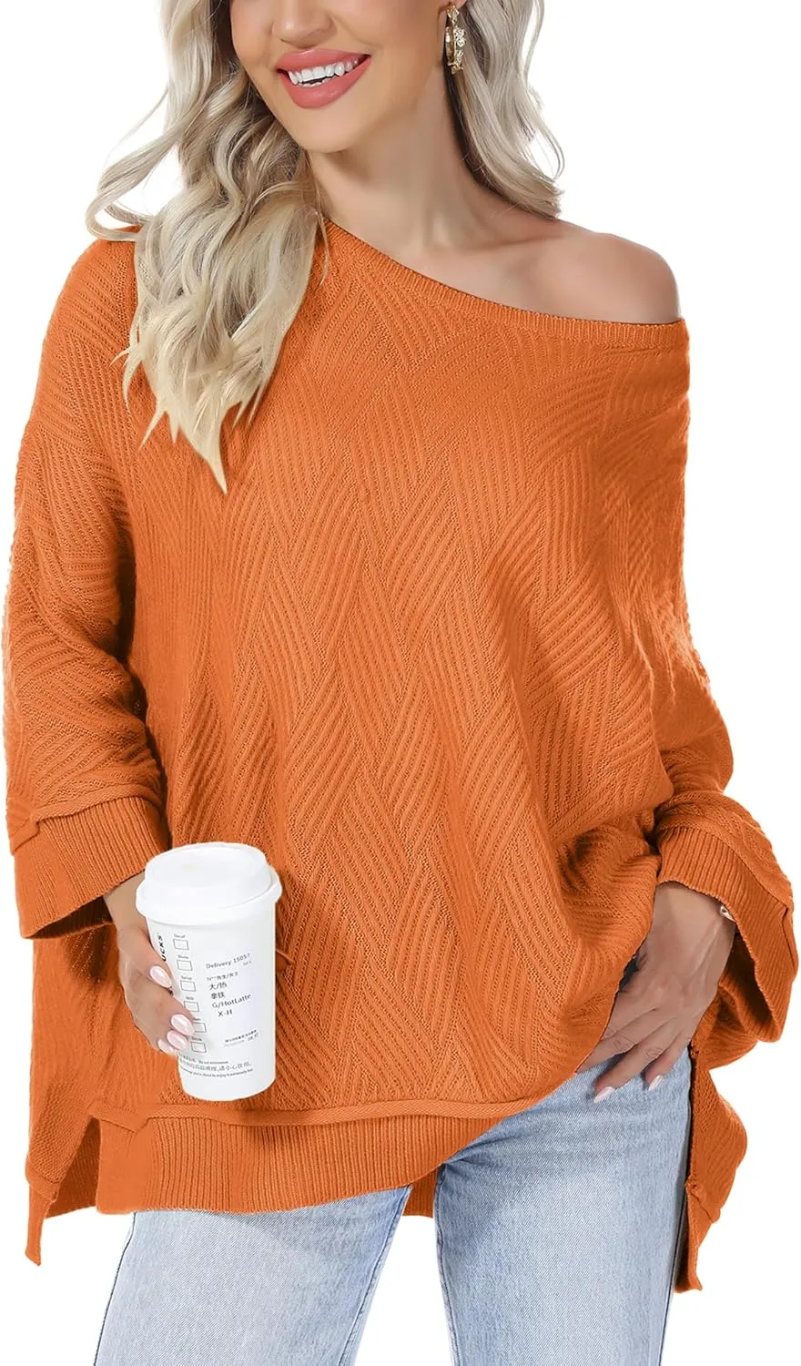 Quenteen Women Slouchy Batwing Sleeve Sweater Casual Crewneck Spilt Asymmetric Hem Knit Tunic Pullover Sweater Tops