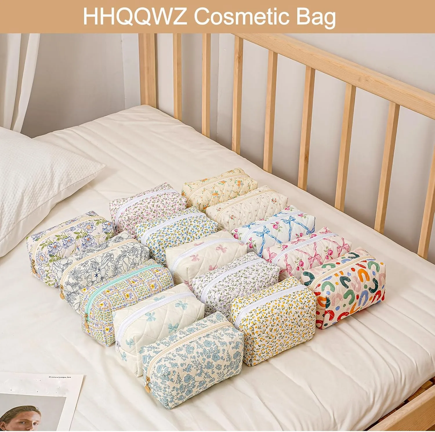 Quilted Cotton Makeup Bag Travel Cosmetic Bag for Women Girls, Zipper Make Up Pouch, Bow Pattern Toiletry Organizer Makeup, Portable Storage Bag (Blue Bowknot)