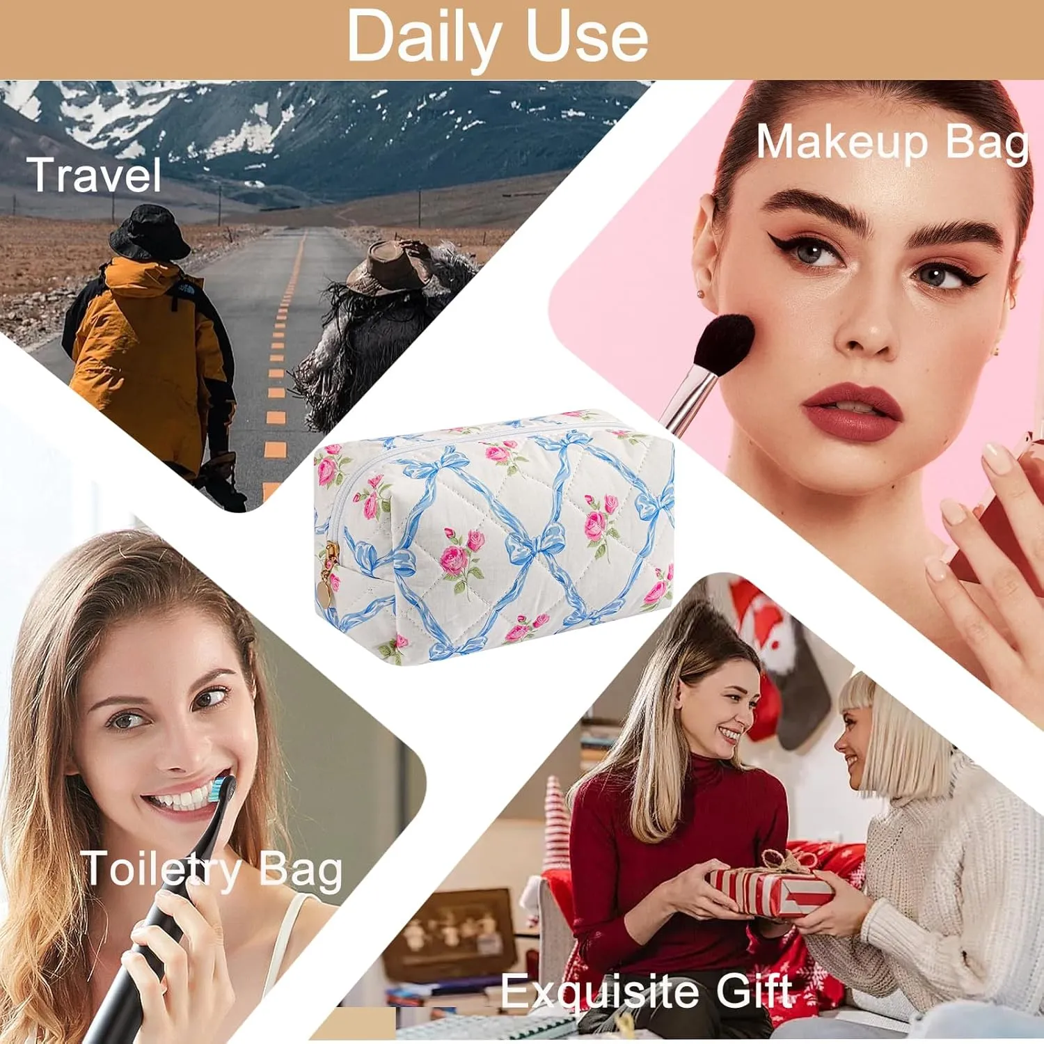 Quilted Cotton Makeup Bag Travel Cosmetic Bag for Women Girls, Zipper Make Up Pouch, Bow Pattern Toiletry Organizer Makeup, Portable Storage Bag (Blue Bowknot)