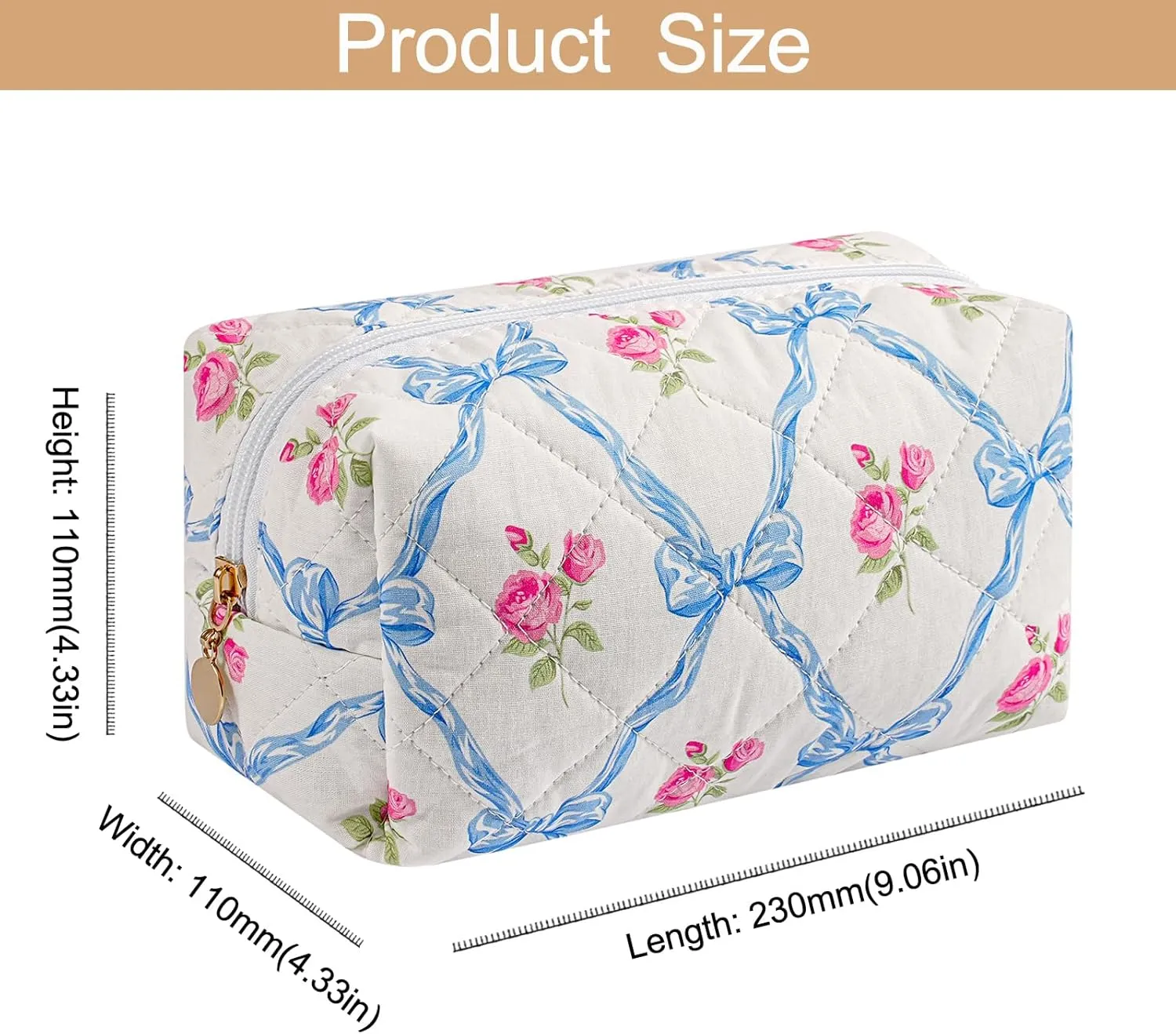 Quilted Cotton Makeup Bag Travel Cosmetic Bag for Women Girls, Zipper Make Up Pouch, Bow Pattern Toiletry Organizer Makeup, Portable Storage Bag (Blue Bowknot)