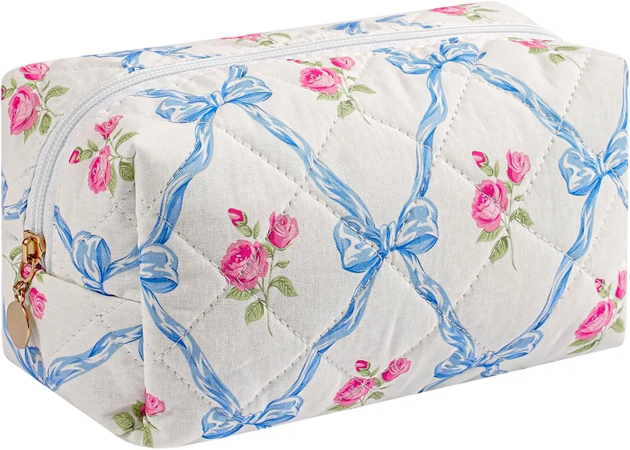 Quilted Cotton Makeup Bag Travel Cosmetic Bag for Women Girls, Zipper Make Up Pouch, Bow Pattern Toiletry Organizer Makeup, Portable Storage Bag (Blue Bowknot)