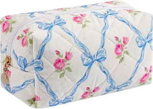 Quilted Cotton Makeup Bag Travel Cosmetic Bag for Women Girls, Zipper Make Up Pouch, Bow Pattern Toiletry Organizer Makeup, Portable Storage Bag (Blue Bowknot)