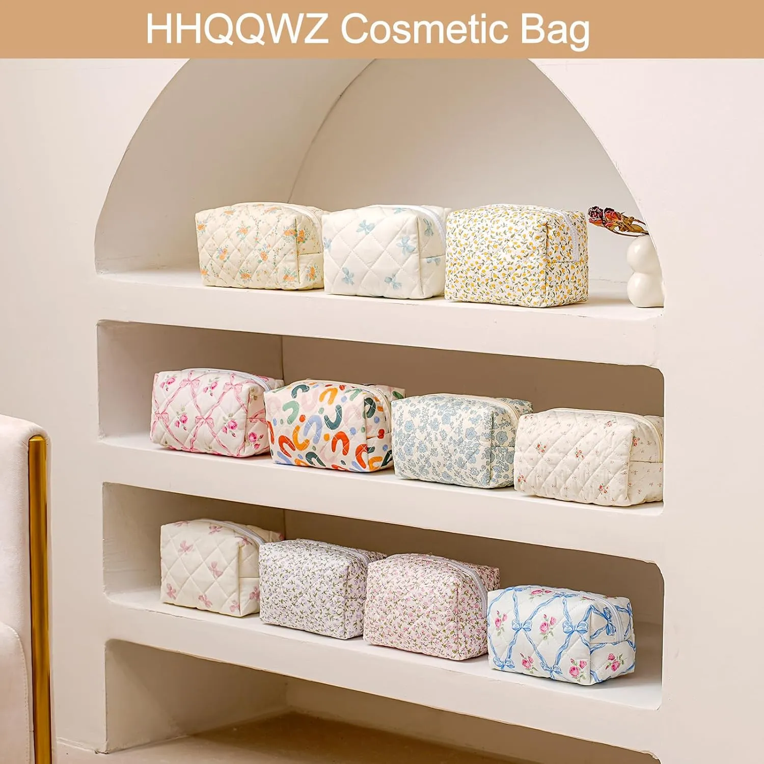 Quilted Cotton Makeup Bag Travel Cosmetic Bag for Women Girls, Zipper Make Up Pouch, Bow Pattern Toiletry Organizer Makeup, Portable Storage Bag (Blue Bowknot)