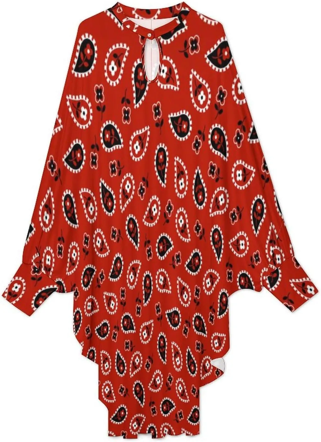 Red Bandana Women's Mini Dress Loose Long Sleeve Shirt Dresses Casual Tunics