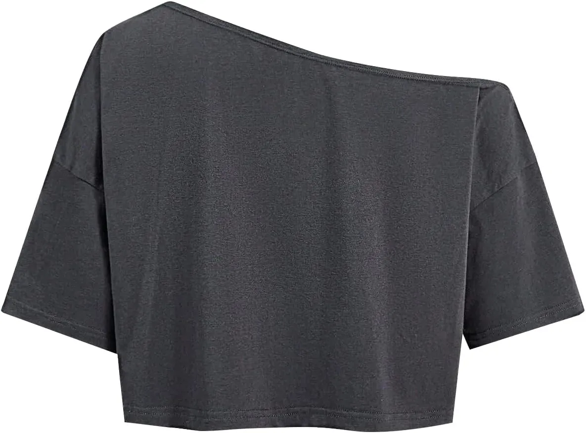 Remidoo Women's Off The Shoulder Graphic Crop Top Tee Half Sleeve Loose Fit T Shirt