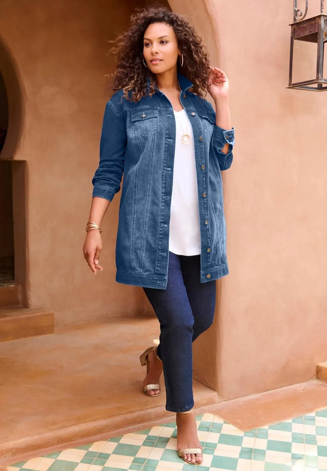 Roaman's Women's Plus Size Long Denim Jacket