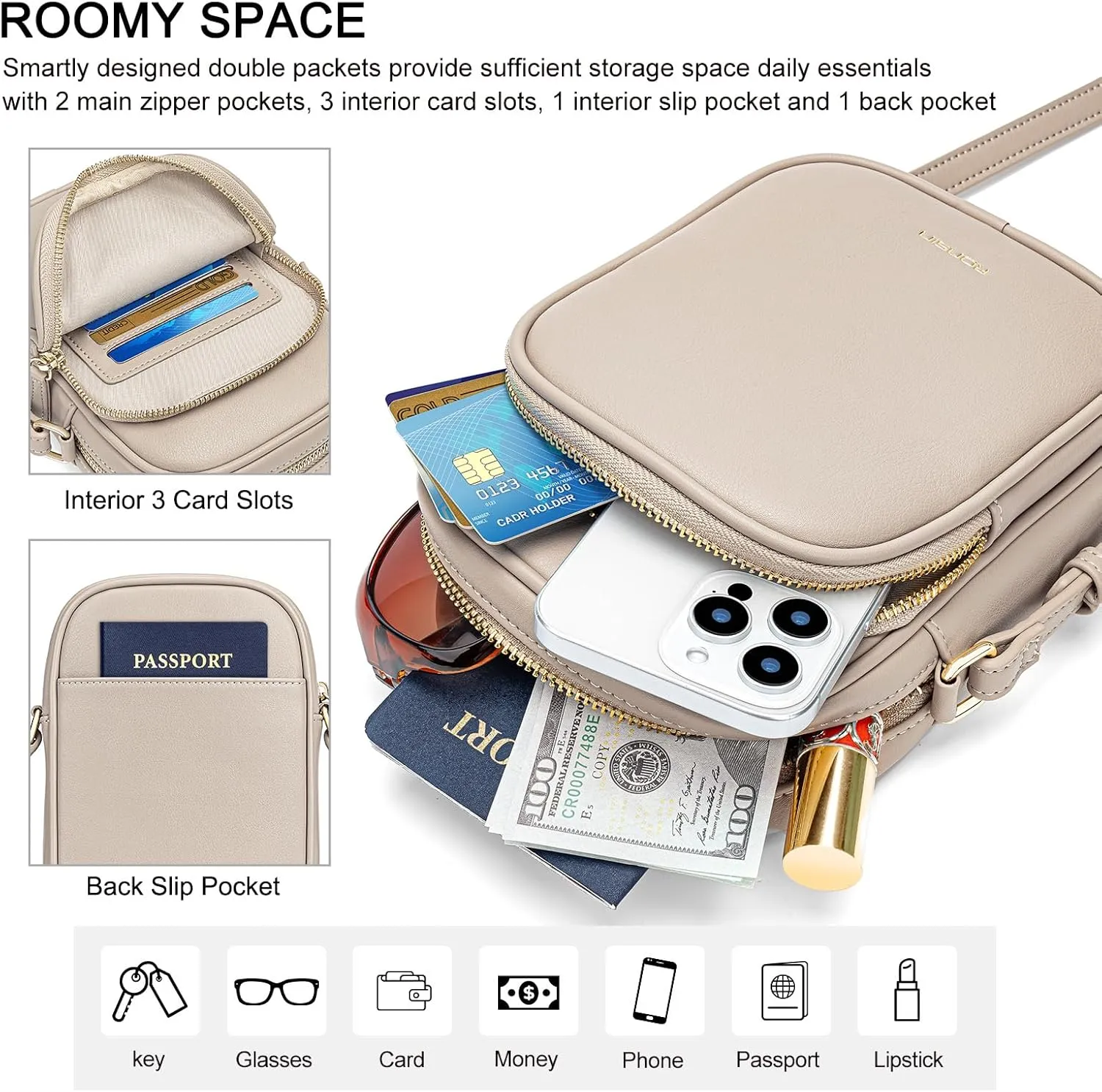 RONSIN Small Crossbody Bags for Women Cell Phone Purse PU Leather Cross Body Purse Handbags with Adjustable Strap