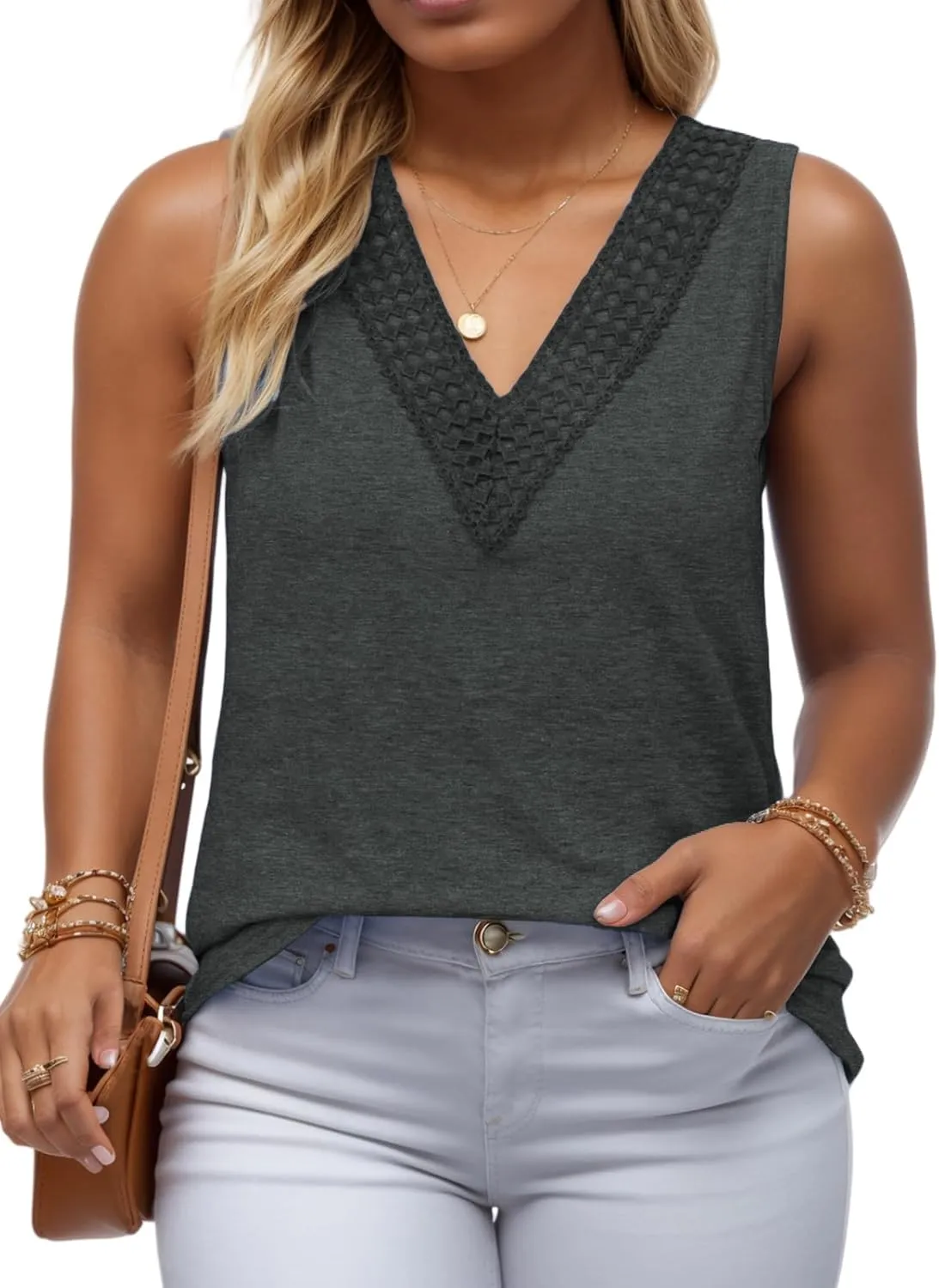 ROSRISS Plus-Size Tops for Women V Neck Lace Shirts Summer Sleeveless Tunics