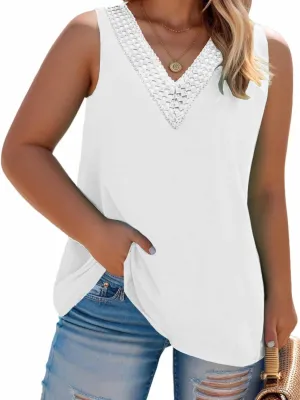 ROSRISS Plus-Size Tops for Women V Neck Lace Shirts Summer Sleeveless Tunics