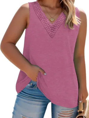 ROSRISS Plus-Size Tops for Women V Neck Lace Shirts Summer Sleeveless Tunics