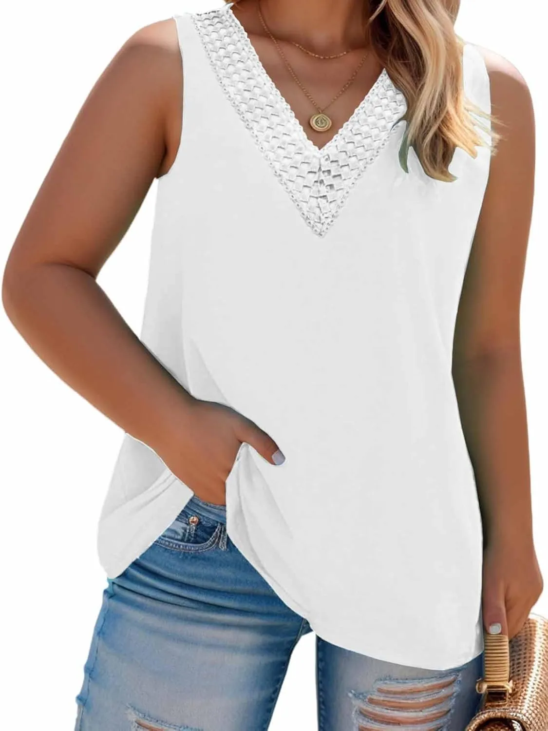 ROSRISS Plus-Size Tops for Women V Neck Lace Shirts Summer Sleeveless Tunics
