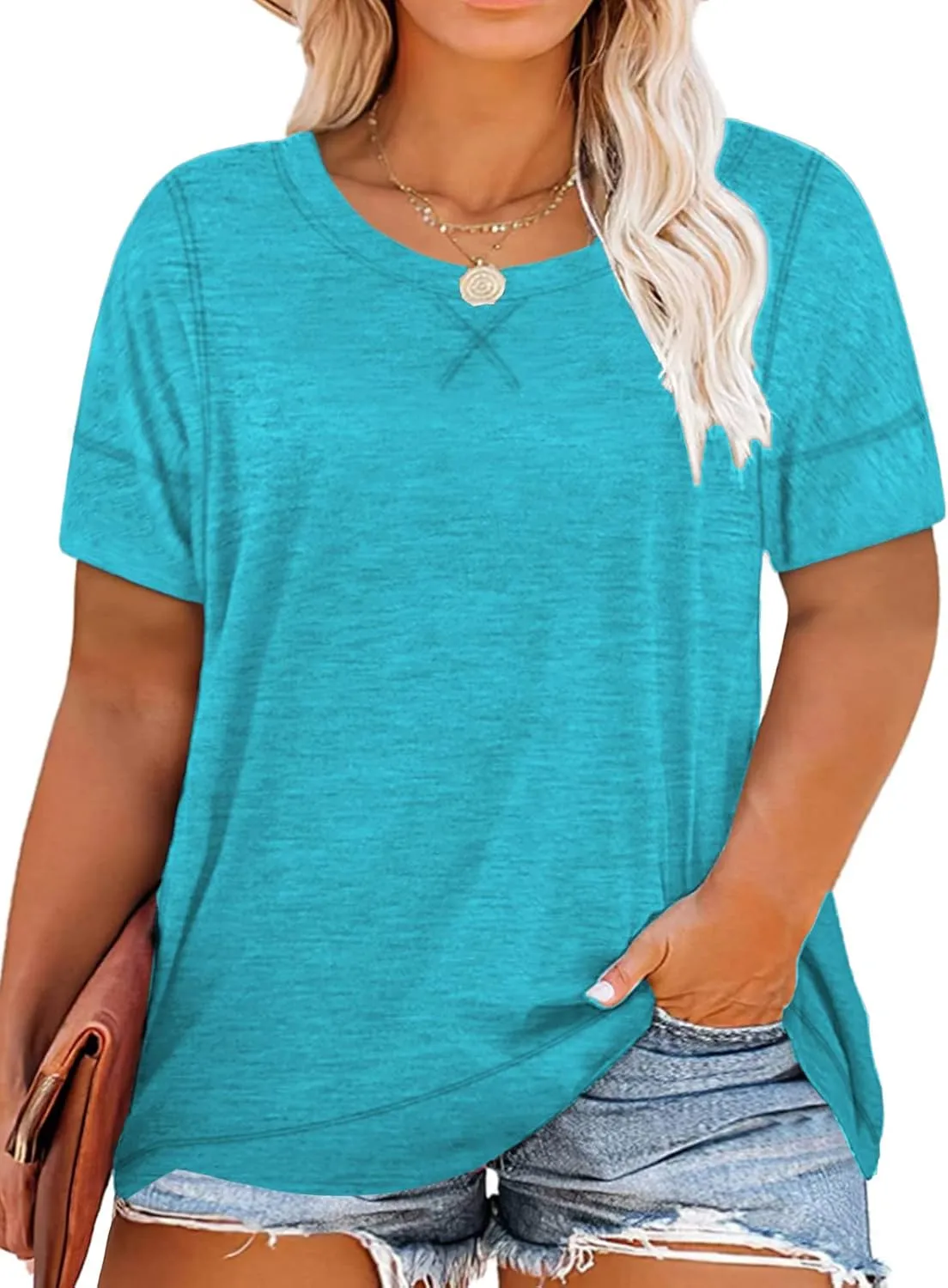 ROSRISS Womens Plus Size Tops Casual Short Sleeve Side Split Tunics Shirts