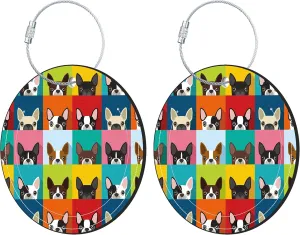 Round Luggage Tag for Suitcases,Boston Terrier 2 Pack Leather Travel Luggage Tags with ID Label Privacy Flap and Steel Loop for Women and Men Suitcases Travel Bags Luggage Bags