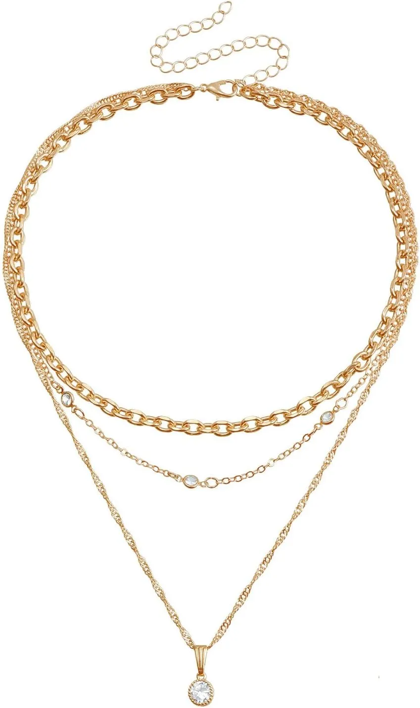 Rrdaily 14K Gold Plated Layered Gold Necklaces for Women, Dainty Crystal Pendant Layered Necklaces Gold Chain Layering Choker Statement Necklace Set