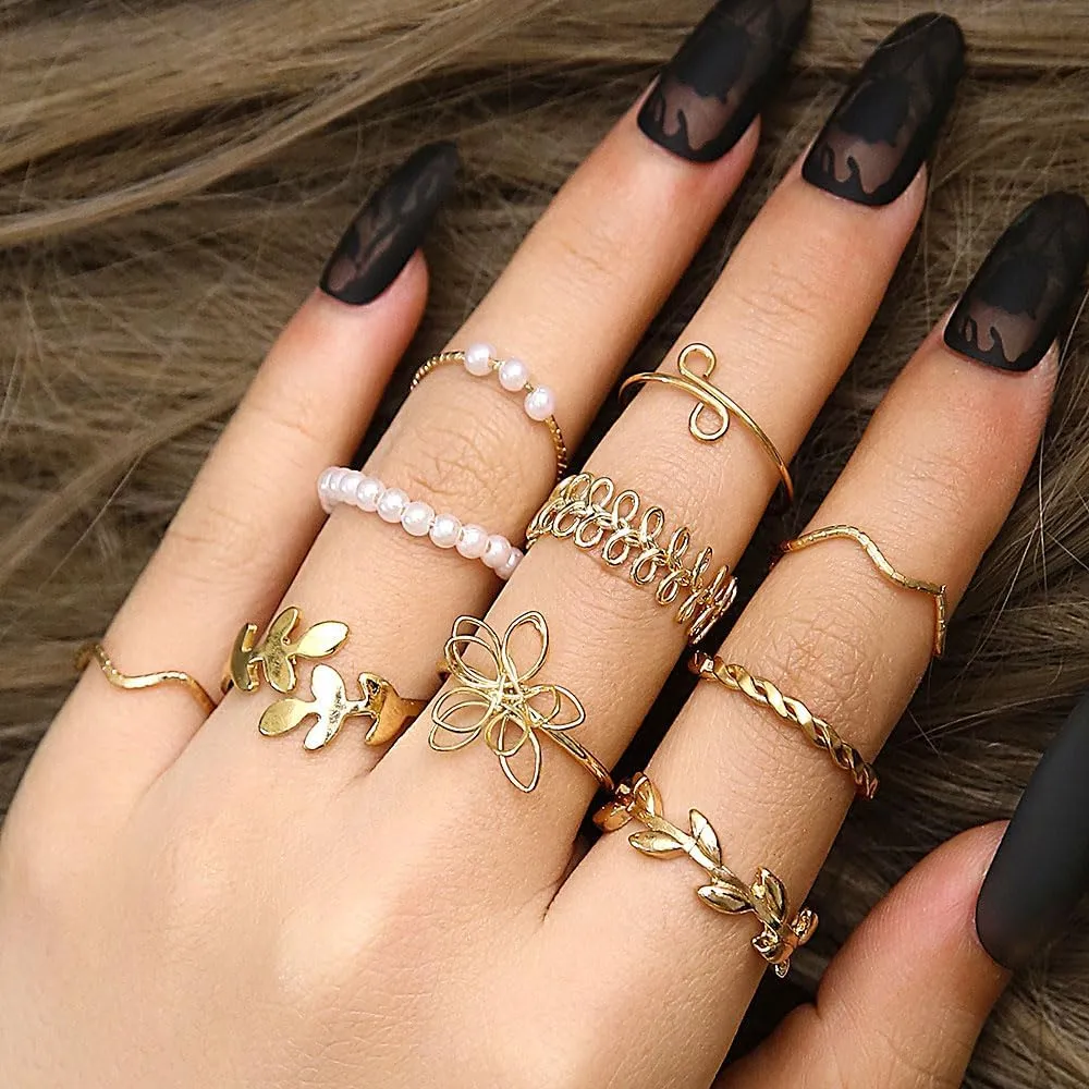 Rrdaily Fashion Gold Knuckle Stacking Rings Set for Teen Girls Women Boho Pearl Flower Leaf Rings Joint Stackable Nail Ring Hollow Finger Rings Pack