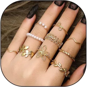 Rrdaily Fashion Gold Knuckle Stacking Rings Set for Teen Girls Women Boho Pearl Flower Leaf Rings Joint Stackable Nail Ring Hollow Finger Rings Pack