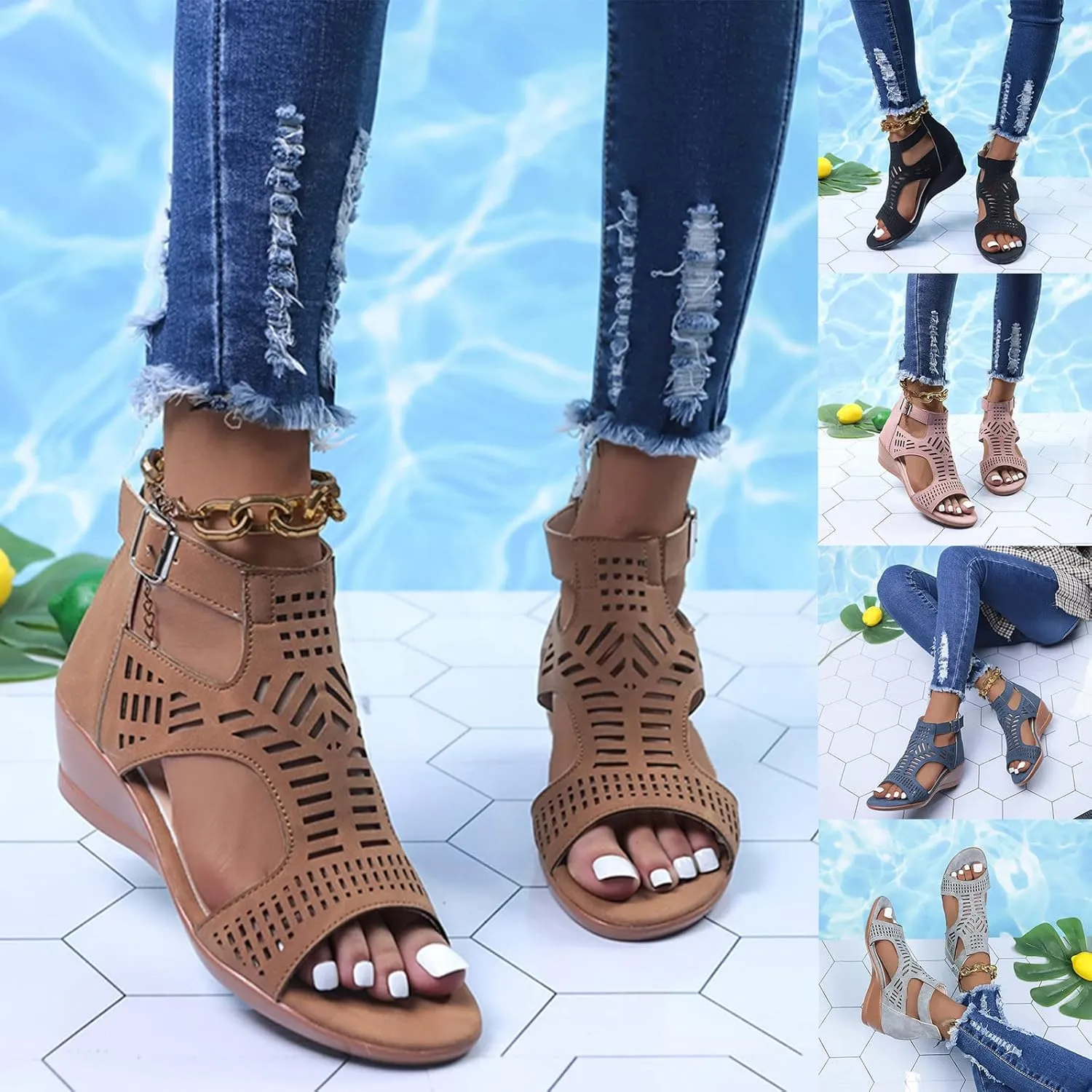Sandals for Women 2023 Strappy Roman Sandals Low Heel Flat Buckle Zipper Retro Hollow Breathable Casual Shoes