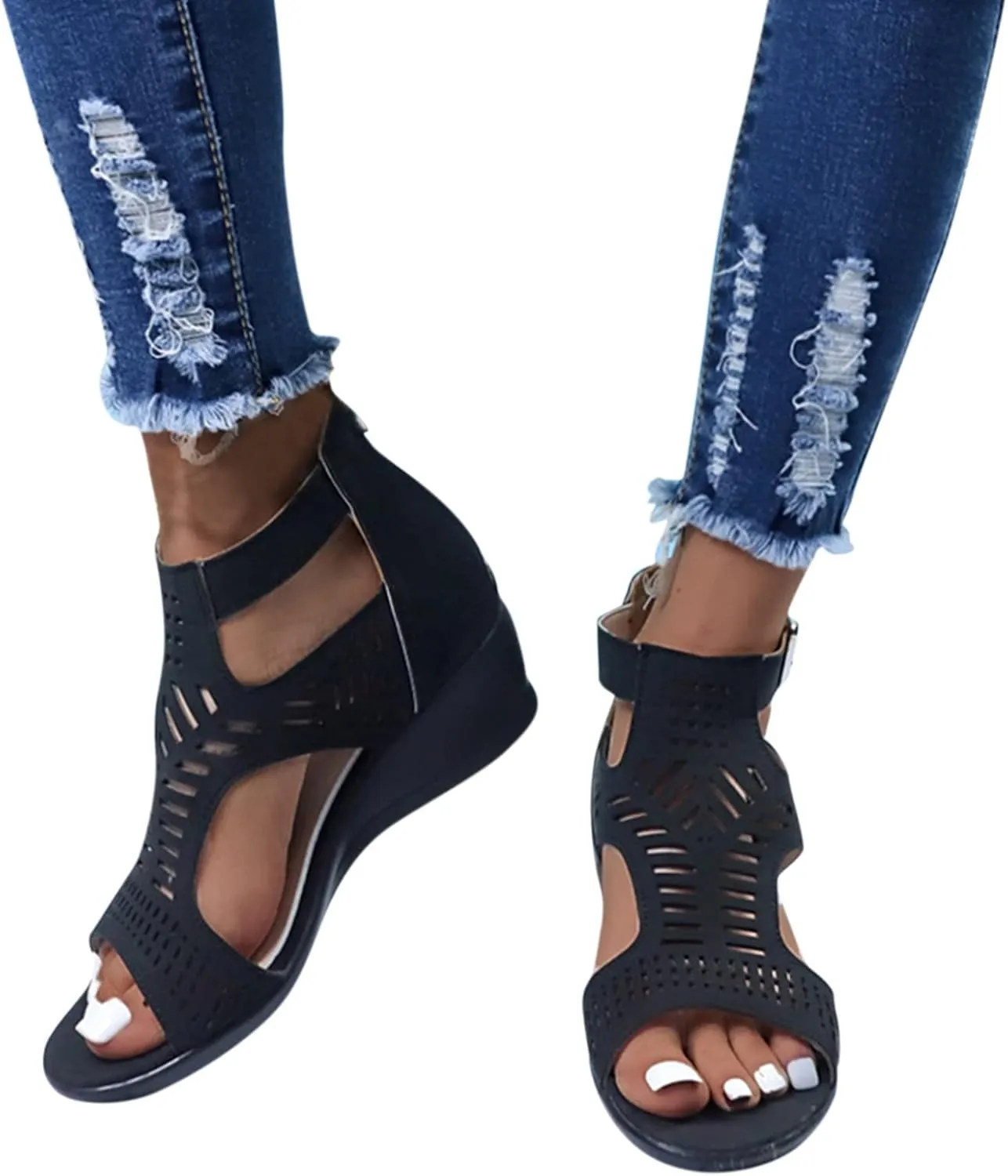 Sandals for Women 2023 Strappy Roman Sandals Low Heel Flat Buckle Zipper Retro Hollow Breathable Casual Shoes