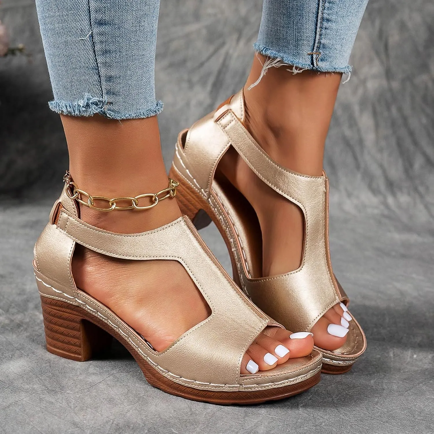 Sandals for Women 2025 Chunky Heel Orthopedic Elegant Comfortable Arch Support Open Toe Hollow Out Breathable Fashion Wedding Party Dress Sandals Casual Summer Ankle Strap Shoes