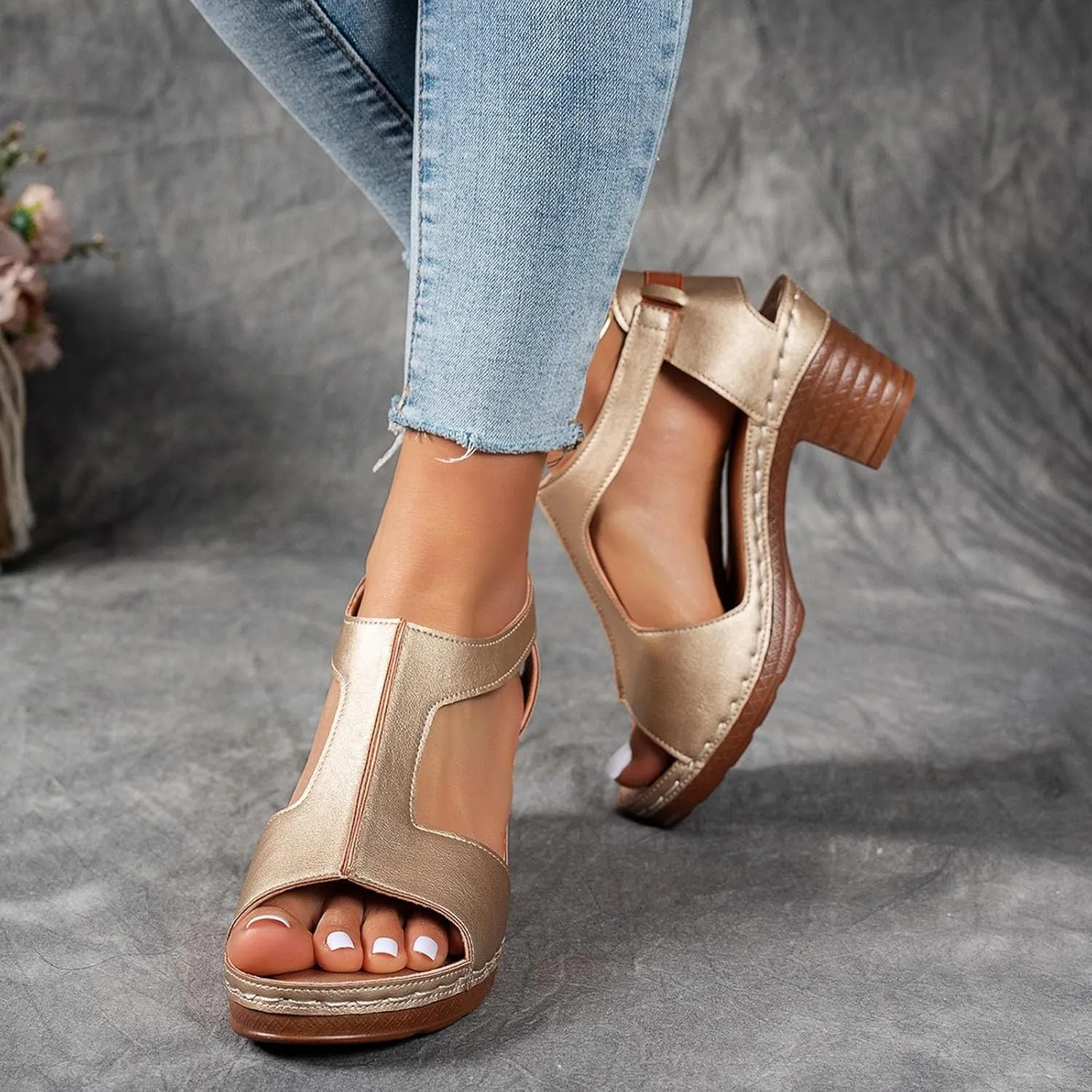Sandals for Women 2025 Chunky Heel Orthopedic Elegant Comfortable Arch Support Open Toe Hollow Out Breathable Fashion Wedding Party Dress Sandals Casual Summer Ankle Strap Shoes