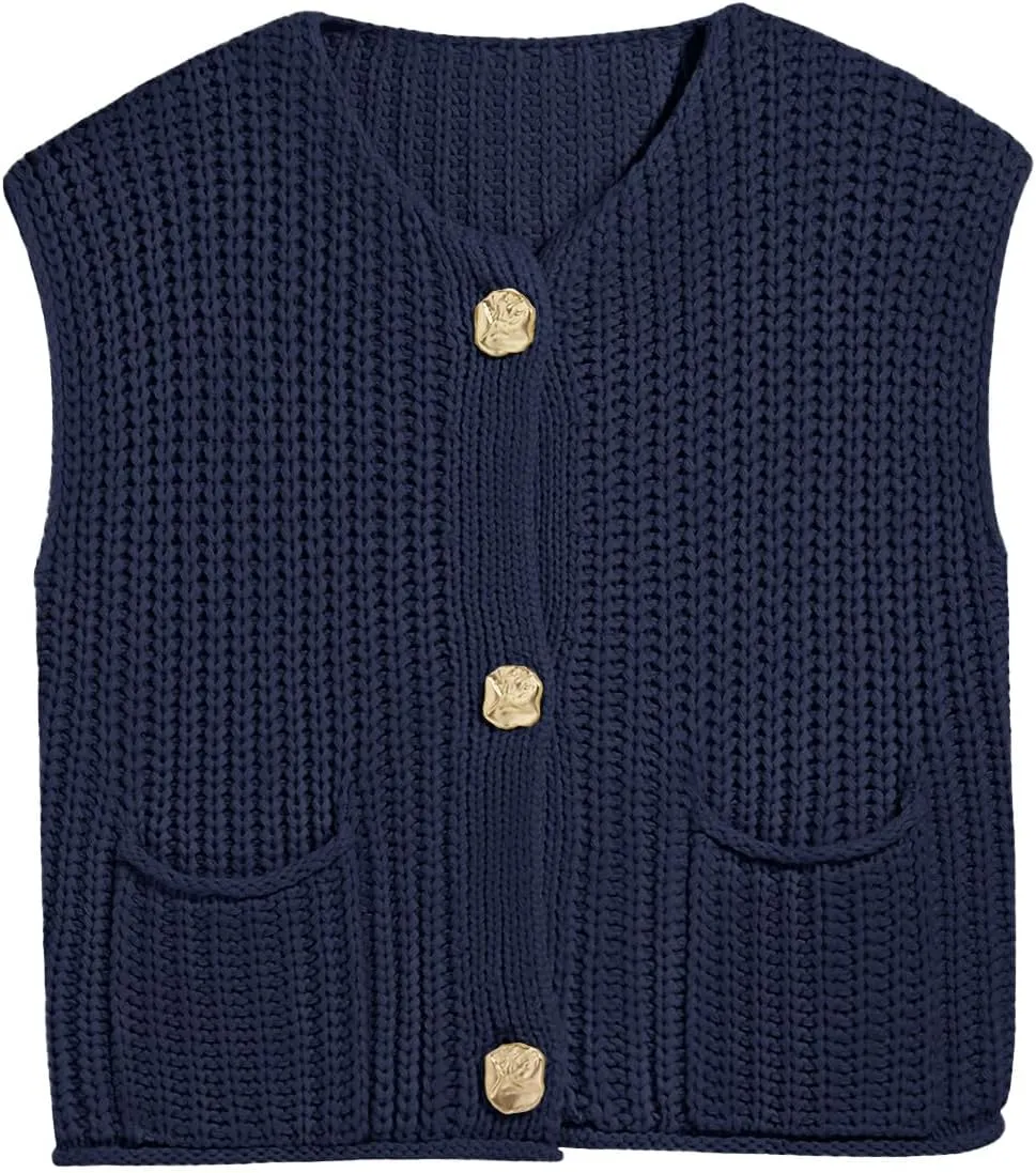 Saodimallsu Womens Sleeveless Cropped Sweater Vest Crochet Chunky Knit Button Down Cardigan Vests Tops with Pockets