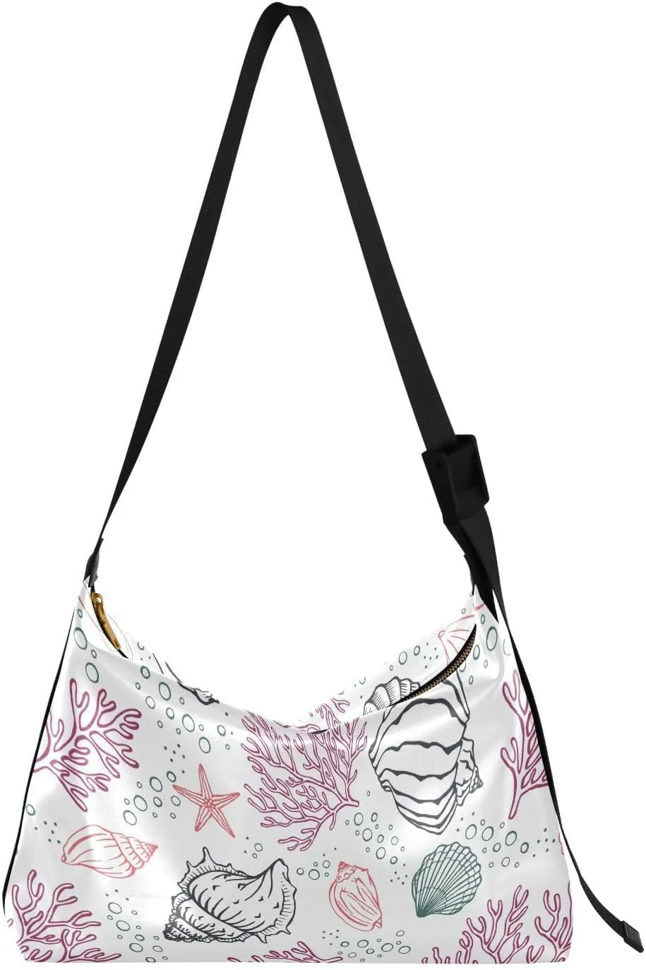Seashells Corals Starfishes Hobo Crossbody Bags for Women Leather Large Shoulder Bag Cross Body Cartoon Hand Drawn Pattern Trendy Womens Tote Bags Handbag for Travel Shopping
