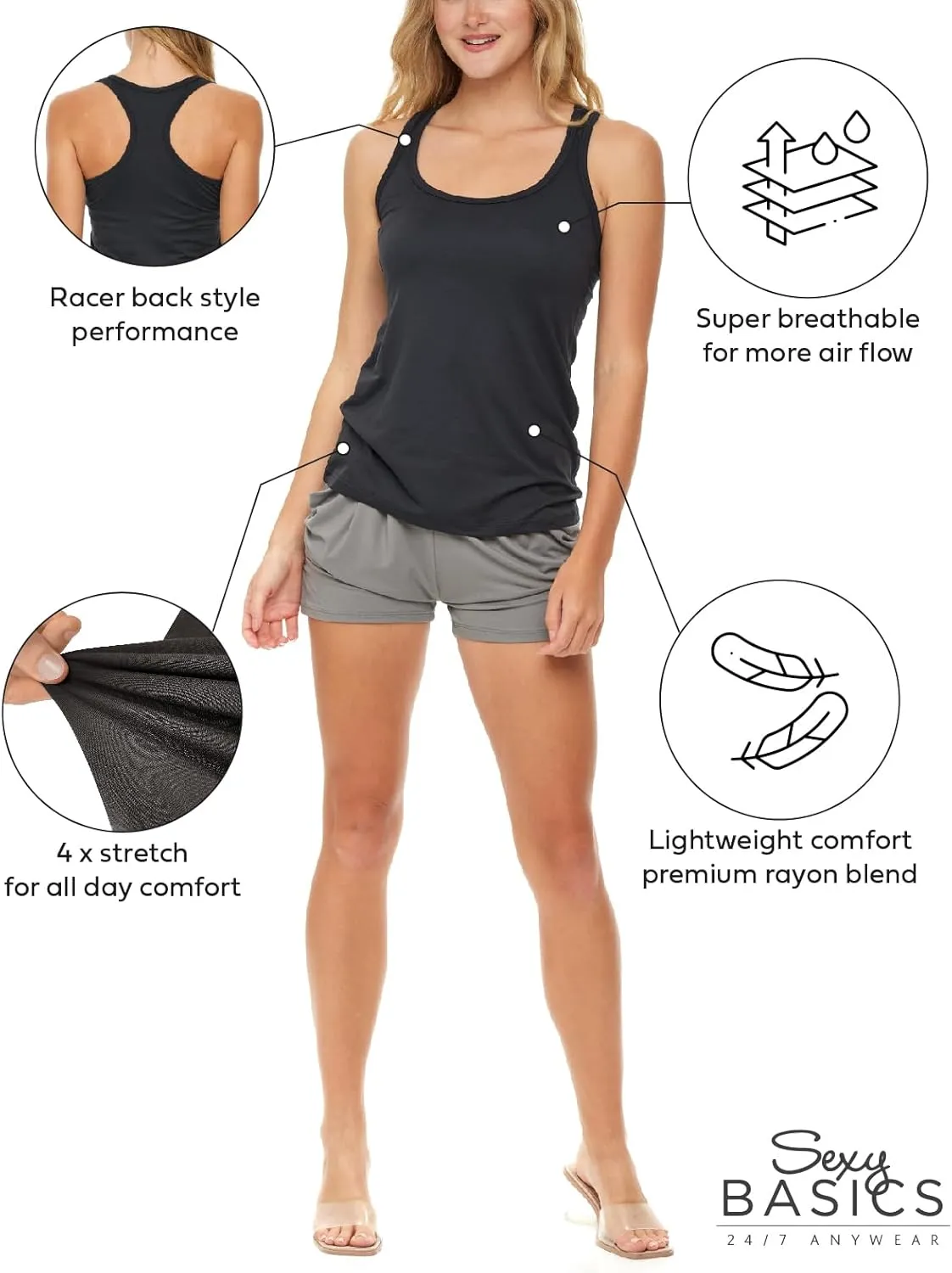 Sexy Basics Womens Racer Back Workout - Sleep Shirt Tank Tops | Soft Body Fit Athletic Tanks -5 Pack