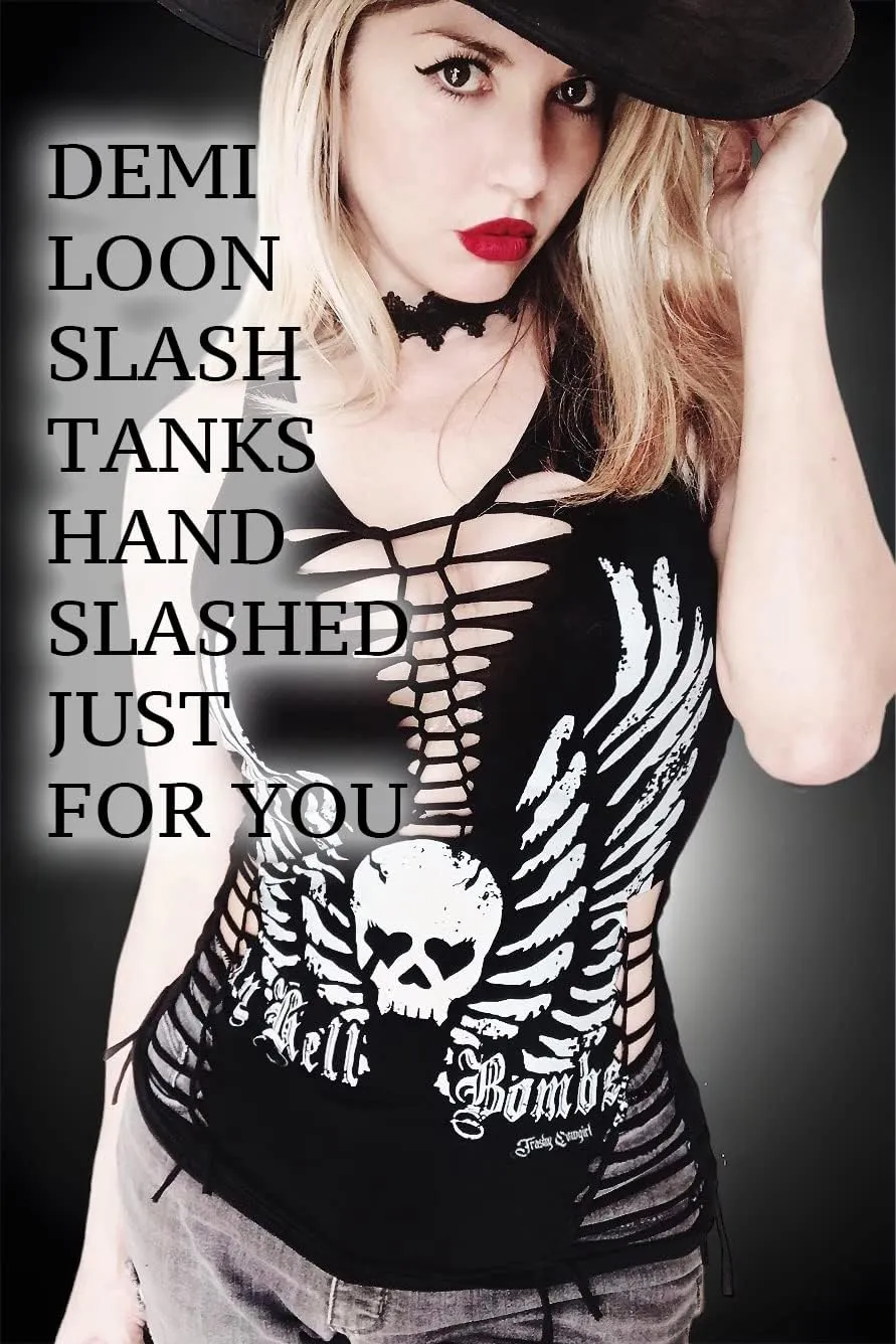 Sexy Biker Tattoo Skull Tee Motorcyle Graphic Rock Racerback Cutout Slashed Tank Top