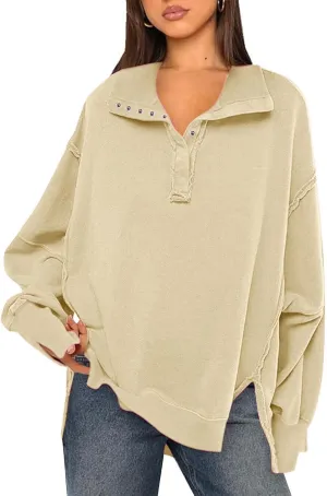 Shirts for Women Casual Long Sleeve Loose Classic Fit Sweatshirts V Neck Button Down Pullover Top Womens Fashion