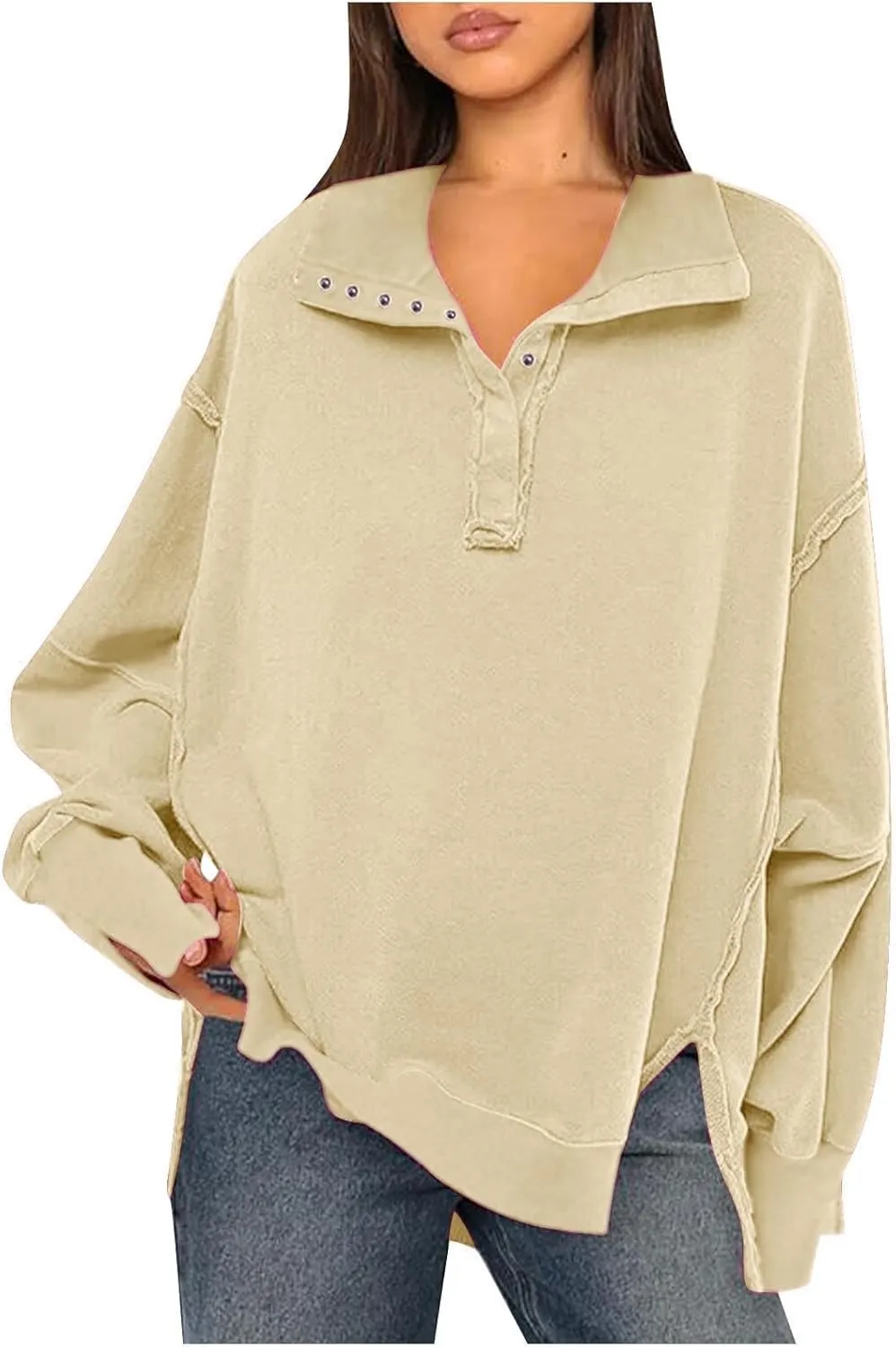 Shirts for Women Casual Long Sleeve Loose Classic Fit Sweatshirts V Neck Button Down Pullover Top Womens Fashion