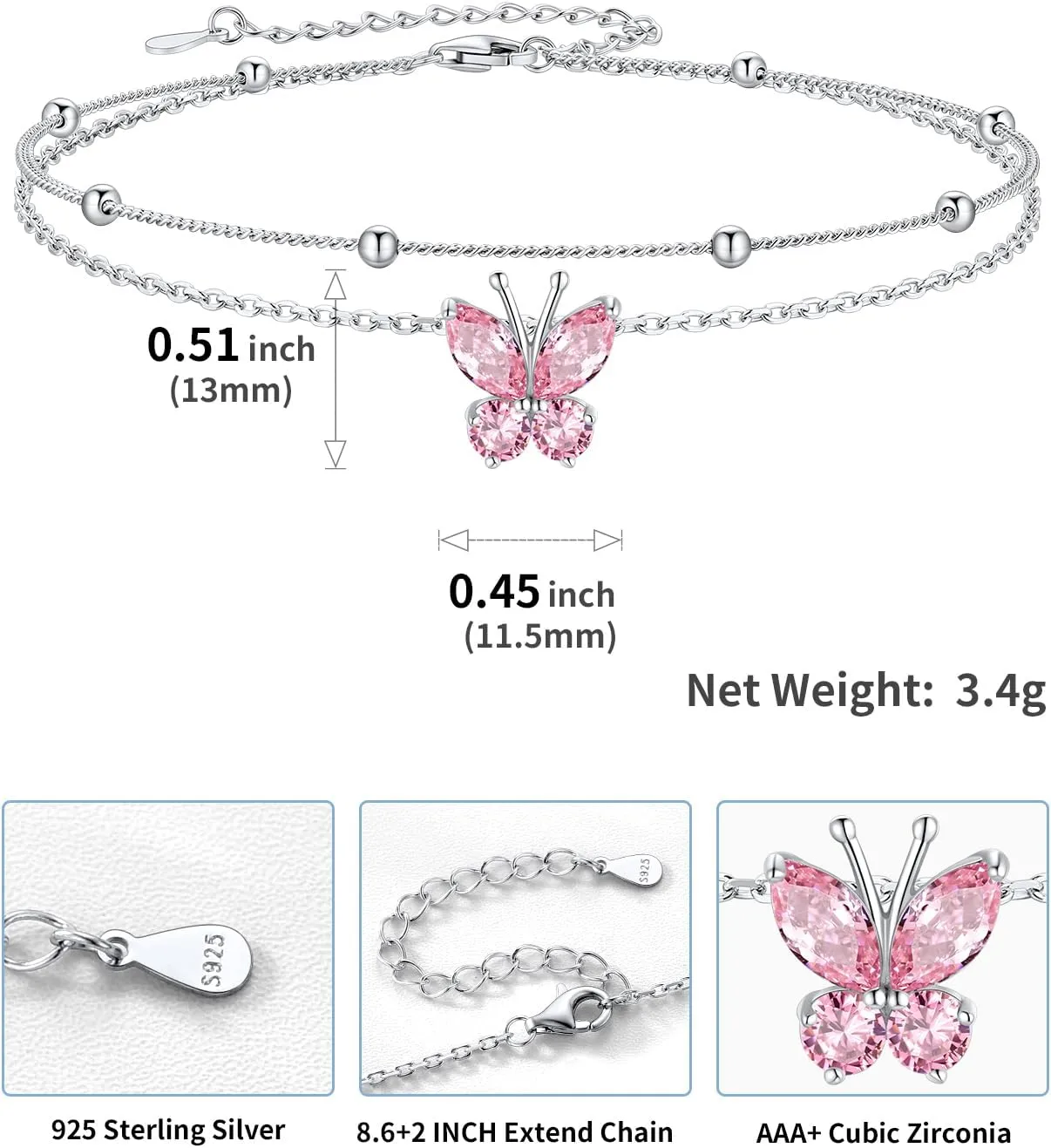 SILVERCUTE Silver Anklets for Women Cute Butterfly Jewelry 925 Sterling Silver Anklets Waterproof Summer Beach Foot Bracelet January to December Birthstone Anklet 22-27cm