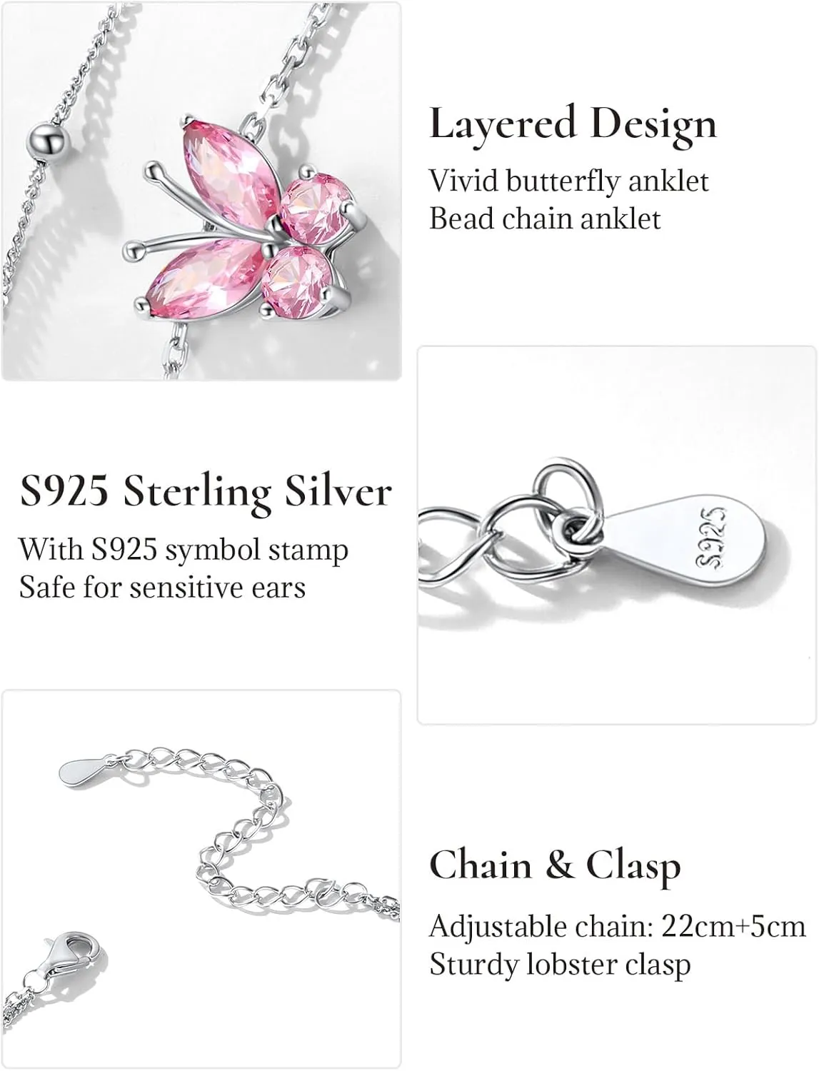 SILVERCUTE Silver Anklets for Women Cute Butterfly Jewelry 925 Sterling Silver Anklets Waterproof Summer Beach Foot Bracelet January to December Birthstone Anklet 22-27cm