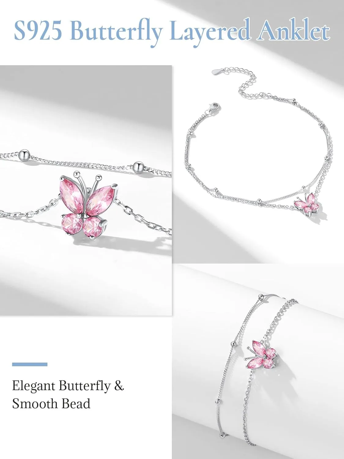 SILVERCUTE Silver Anklets for Women Cute Butterfly Jewelry 925 Sterling Silver Anklets Waterproof Summer Beach Foot Bracelet January to December Birthstone Anklet 22-27cm